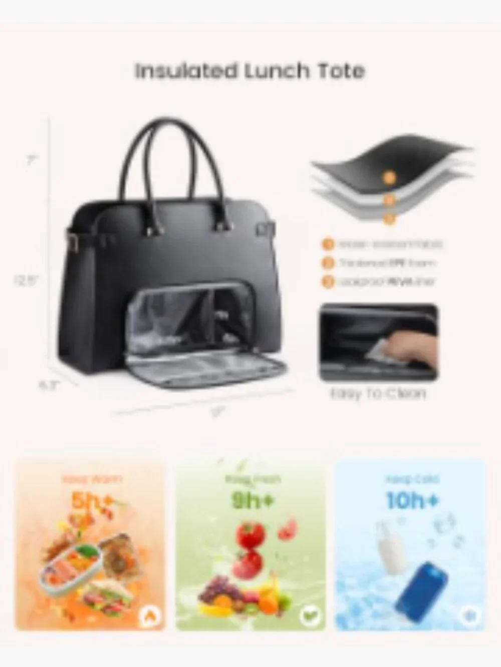 Insulated Lunch Tote Bag with Laptop Compartment, Expandable Leather Work Tote,